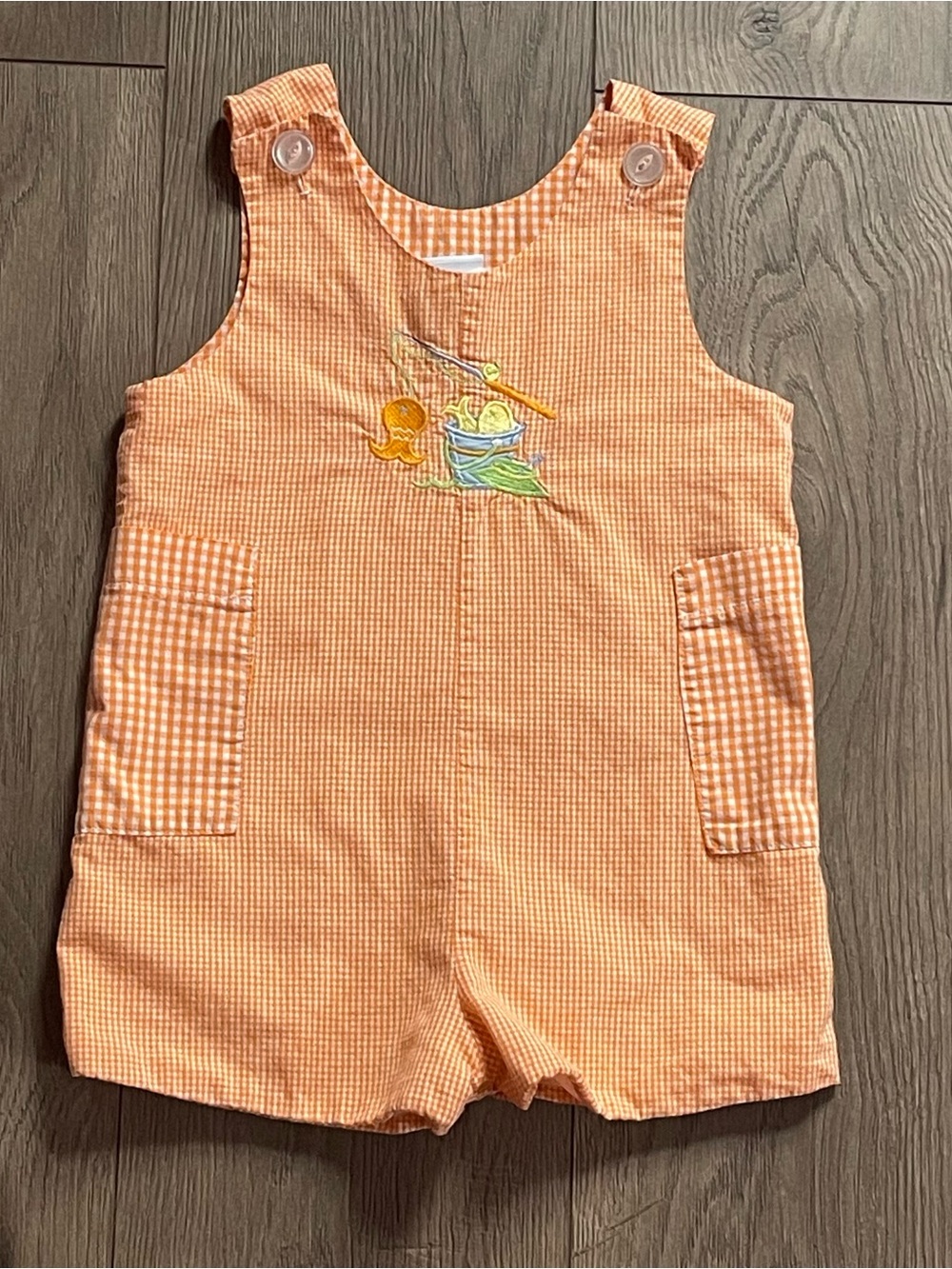 Chez Ami by Patsy Aiken Fishing Embroidered Toddler 2 Orange Jon Jon Romper